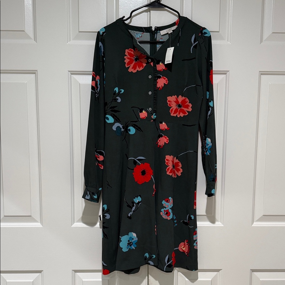 Loft dark green Floral Long-Sleeve Shift Dress - Red & Blue Bloom size 2